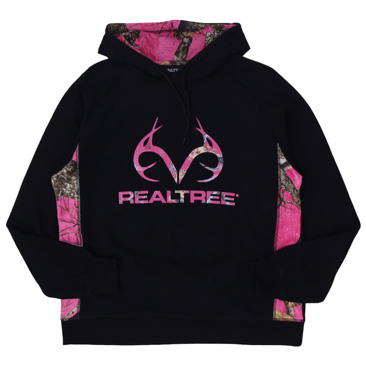 Ladies Realtree Pink Black Camo Side Slit Pockets Pullover Hoodie