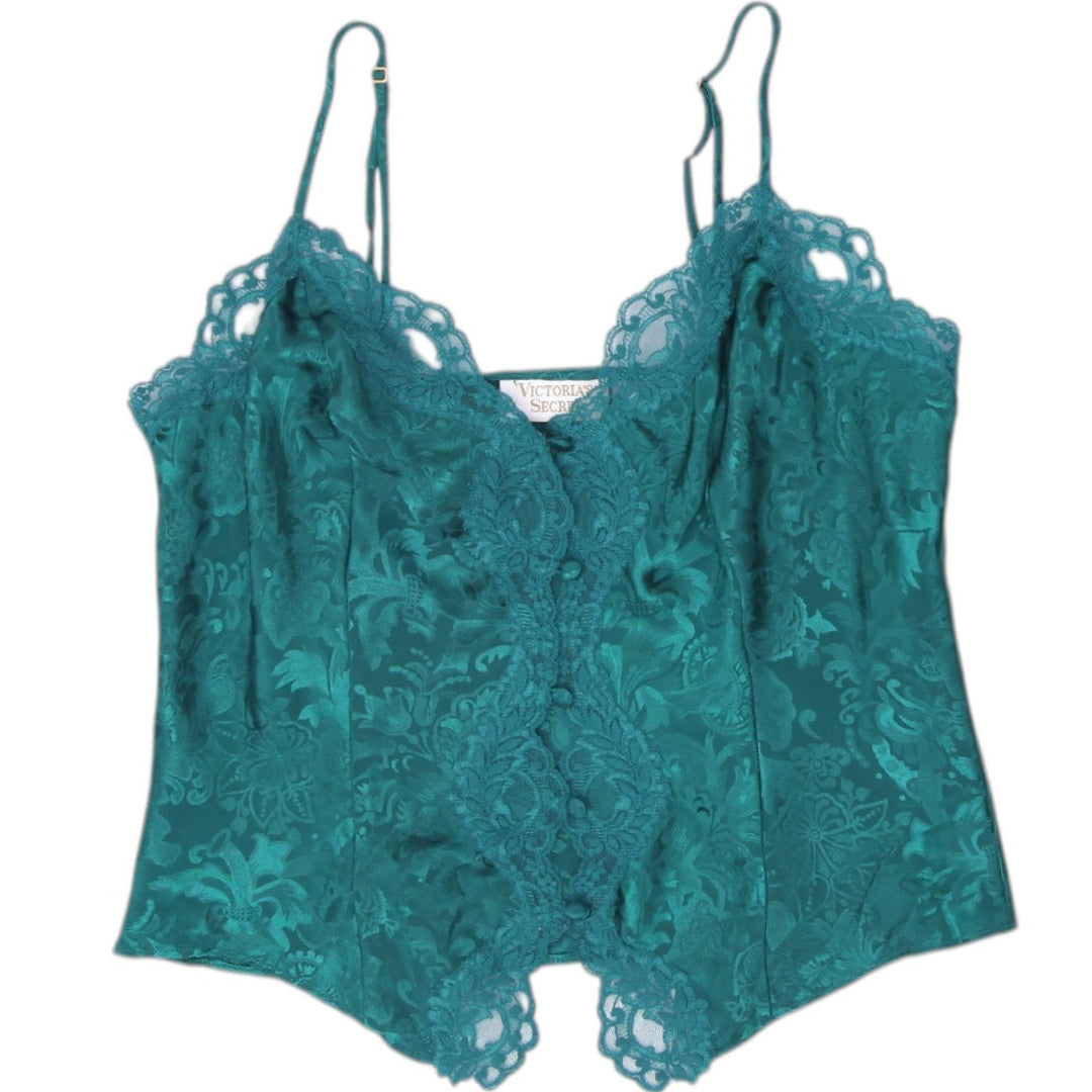 Y2K Ladies Victoria's Secret Emerald Green Satin Jacquard Cami Top Lace Size S
