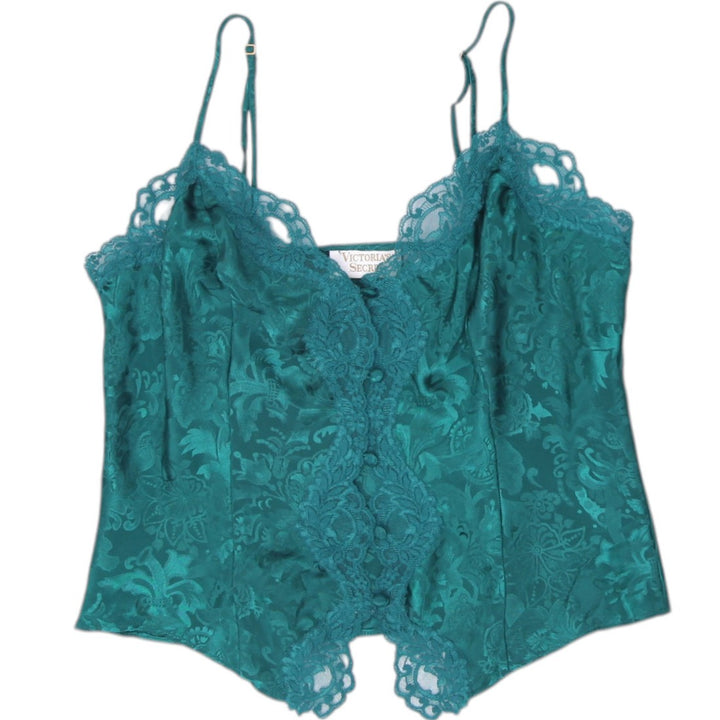 Y2K Ladies Victoria's Secret Emerald Green Satin Jacquard Cami Top Lace Size S