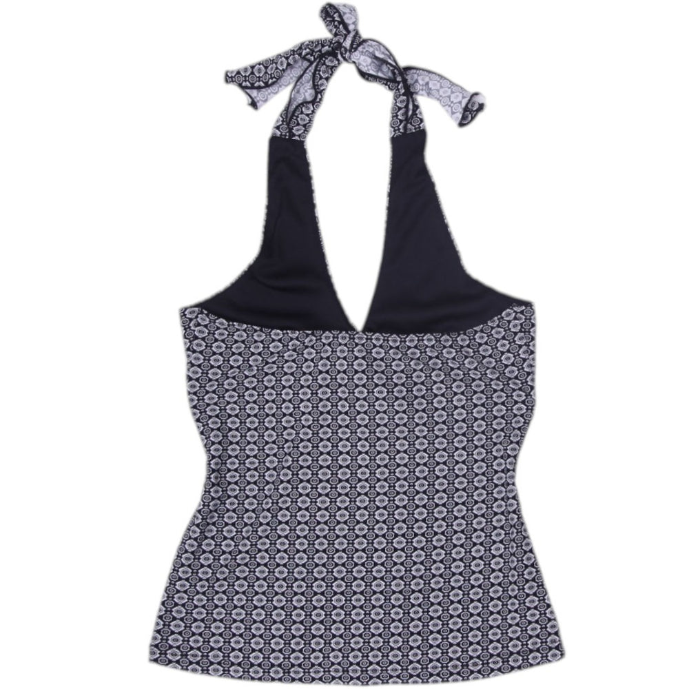 Y2K Ladies Halter Neck Top Black and White Graphic Pattern | Migration_Y2K Tops - Side View | Fashion Rerun