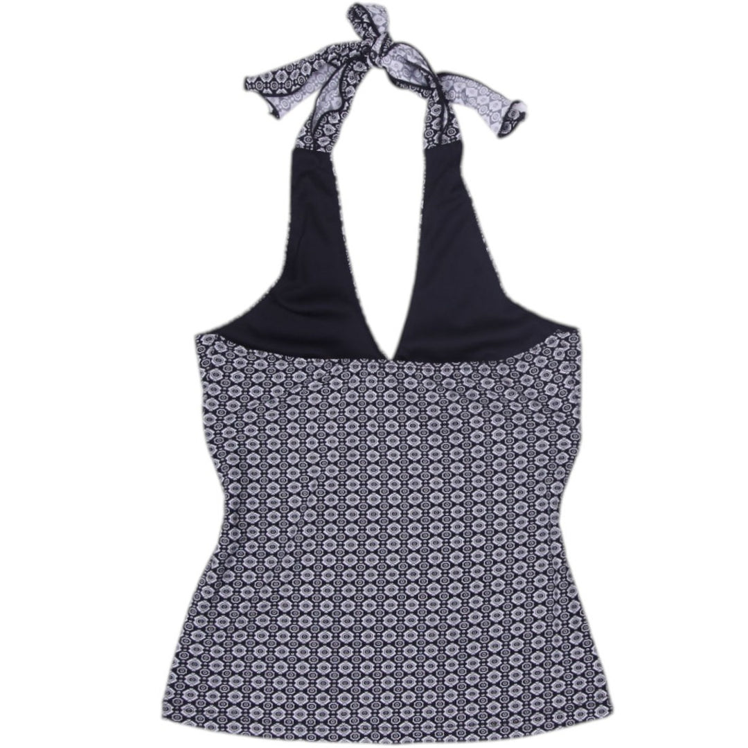 Y2K Ladies Halter Neck Top Black and White Graphic Pattern | Migration_Y2K Tops - Side View | Fashion Rerun