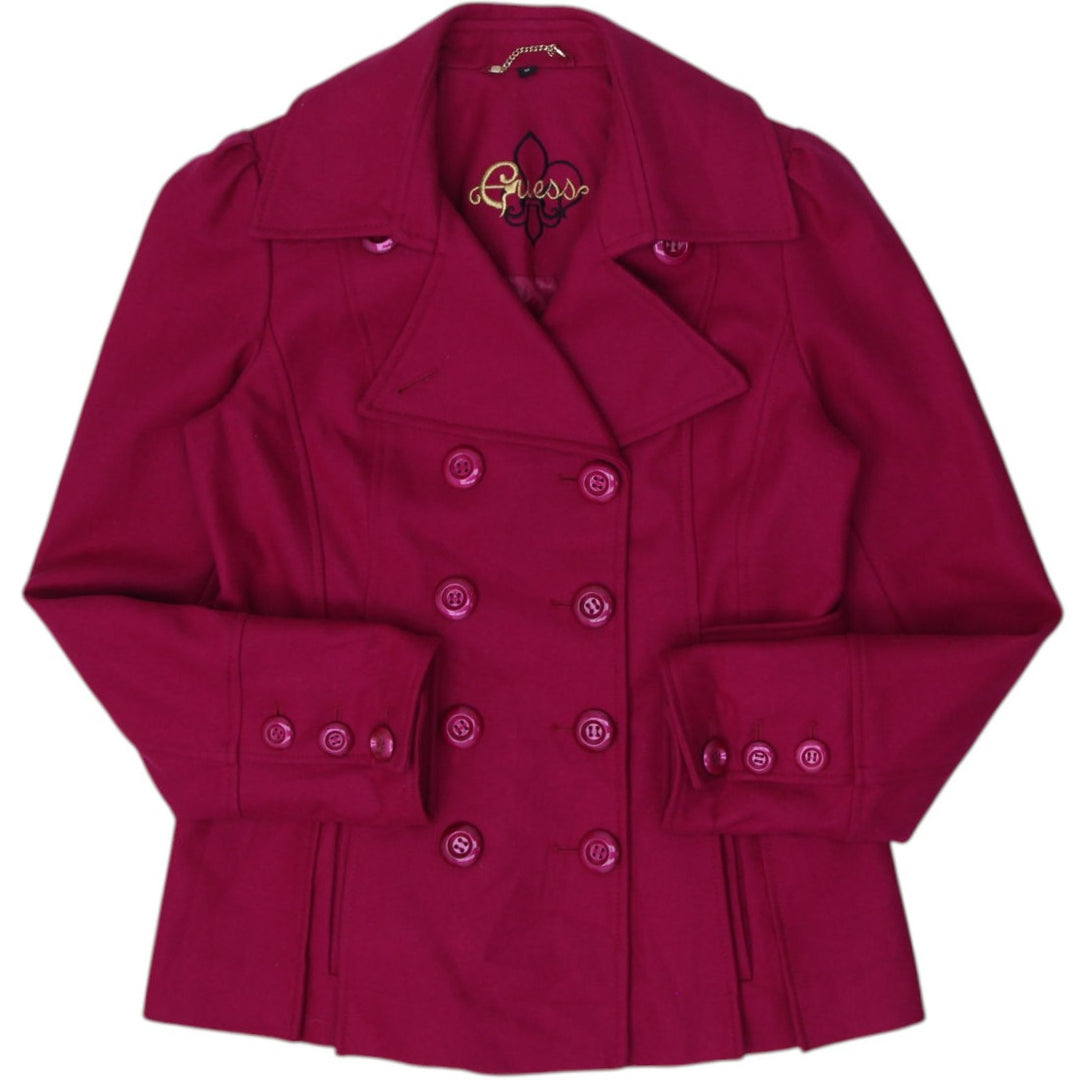 Y2K Ladies Guess Pea Coat Magenta Wool Blend Double Breasted Blazer Size M | Migration_Jackets | Fashion Rerun