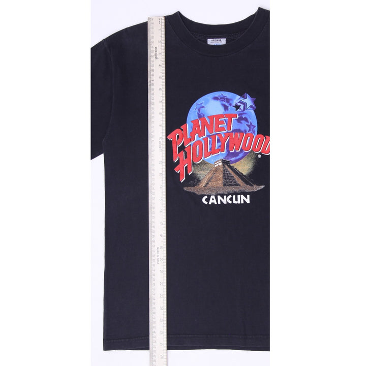 Vintage 90s Planet Hollywood Cancun Graphic T-Shirt Size Medium Black Mayan Pyramid Logo