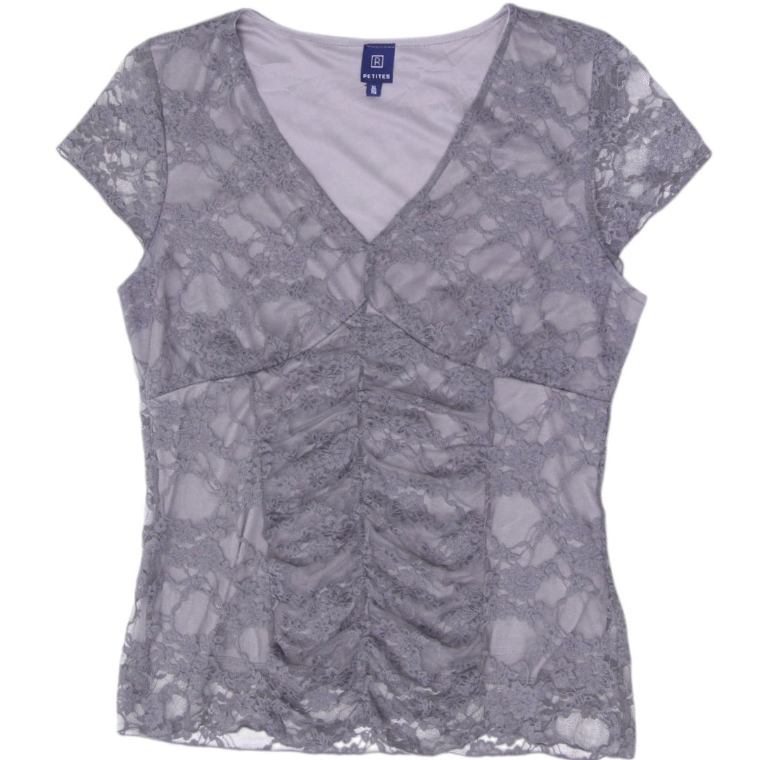 Y2K Ladies R Petite Sheer Floral Lace Overlay Short Sleeve To Size XL