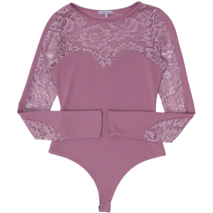 Y2K Ladies Charlotte Russe Sweetheart Sheer Lace Yoke Long-Sleeve Bodysuit Sz L