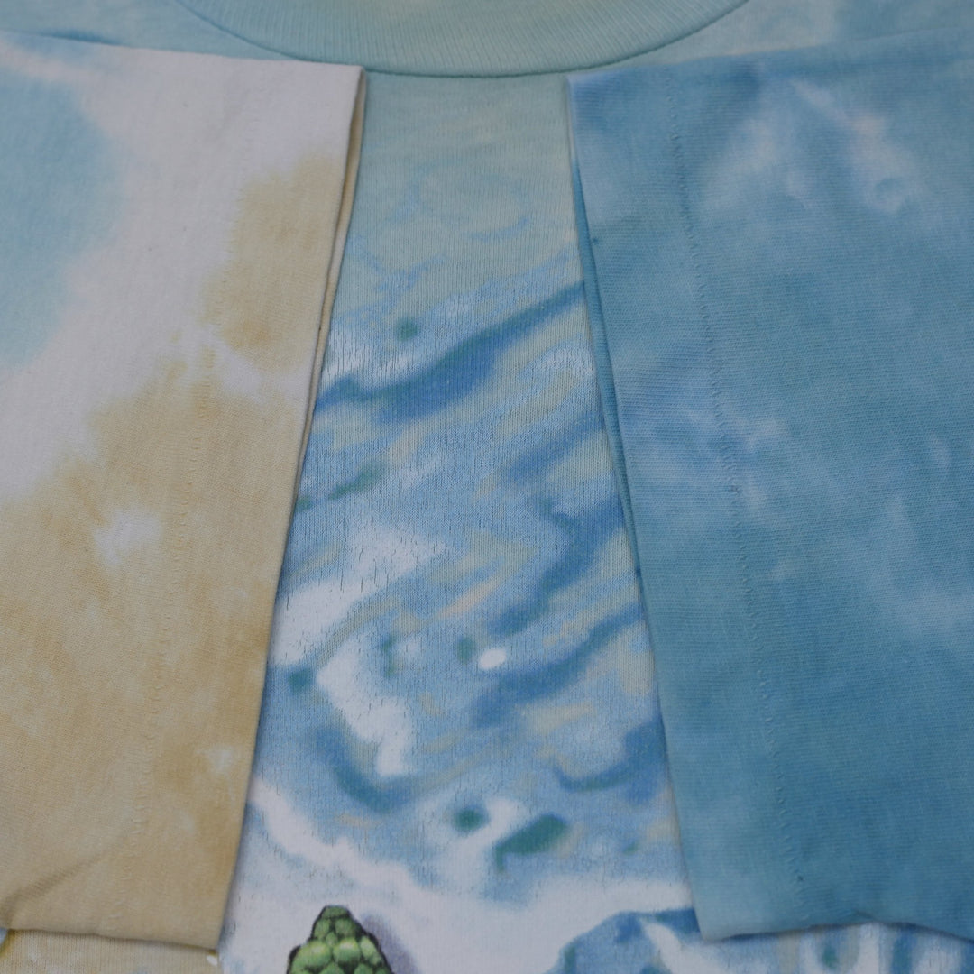 Vintage 90s Liquid Blue Sea Turtle Beach Tie Dye All Over Print Beach Scene T-Shirt Single Stitch