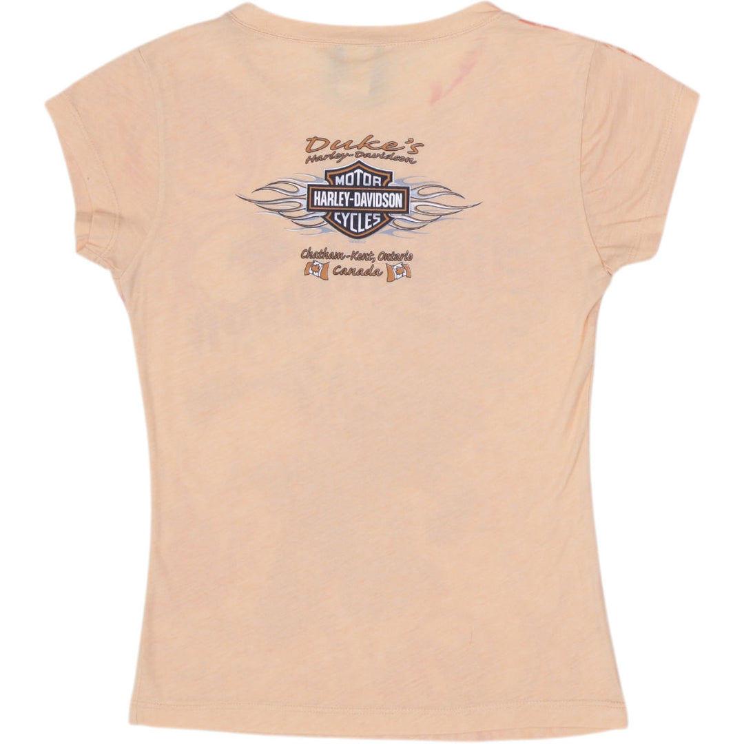 Y2K Ladies Harley Davidson Apricot Orange Eagle & Filigree Graphic Cap Sleeve