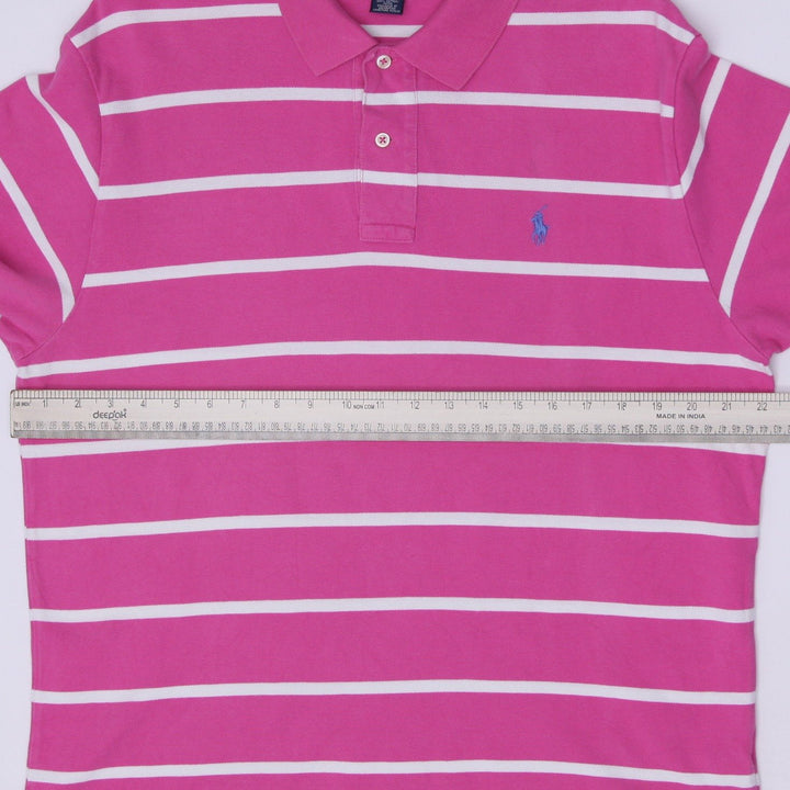 Vintage Mens Polo Ralph Lauren Magenta Pink White Striped Polo T-Shirt Size L