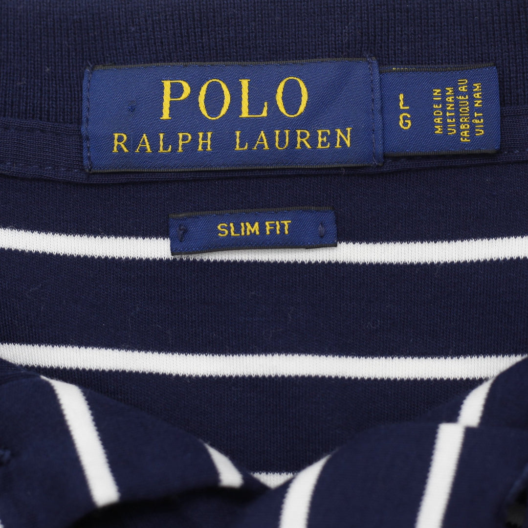 Mens Polo Ralph Lauren Slim Fit Navy Striped Polo T-Shirt Size L