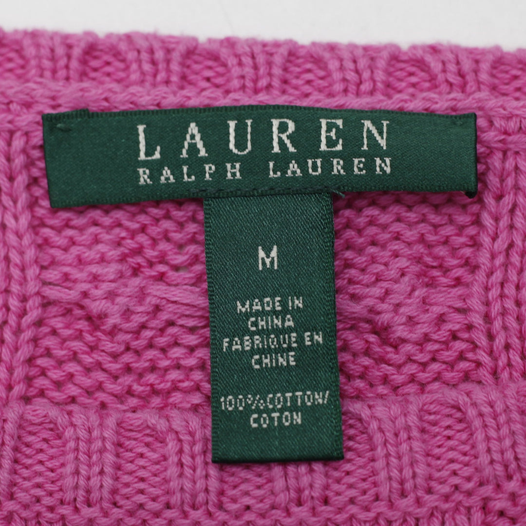 Ladies Ralph Lauren Pink Cable Knit Sweater Medium 100% Cotton Crew Neck Size M