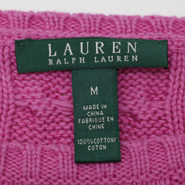 Ladies Ralph Lauren Pink Cable Knit Sweater Medium 100% Cotton Crew Neck Size M