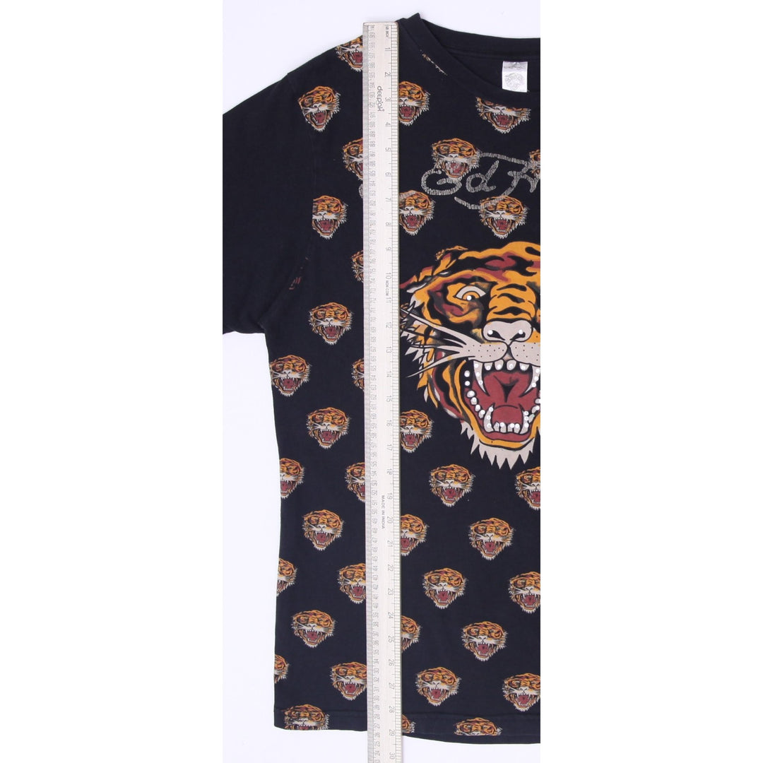 Y2K Mens Ed Hardy Black T-Shirt Tiger Graphic All Over Size 2XL