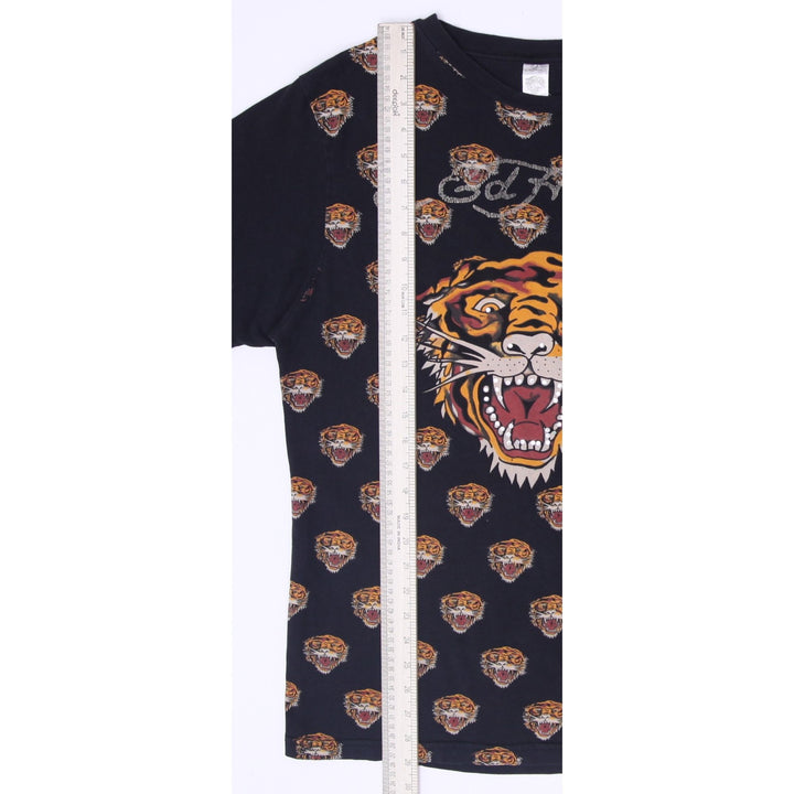 Y2K Mens Ed Hardy Black T-Shirt Tiger Graphic All Over Size 2XL