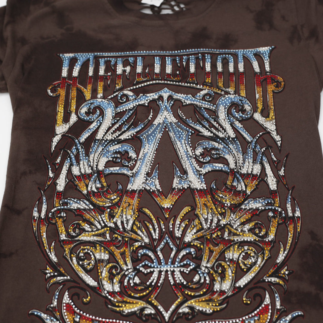 Y2K Ladies Affliction Distressed Graphic Tee Brown Lava Wash Braided Spine Back
