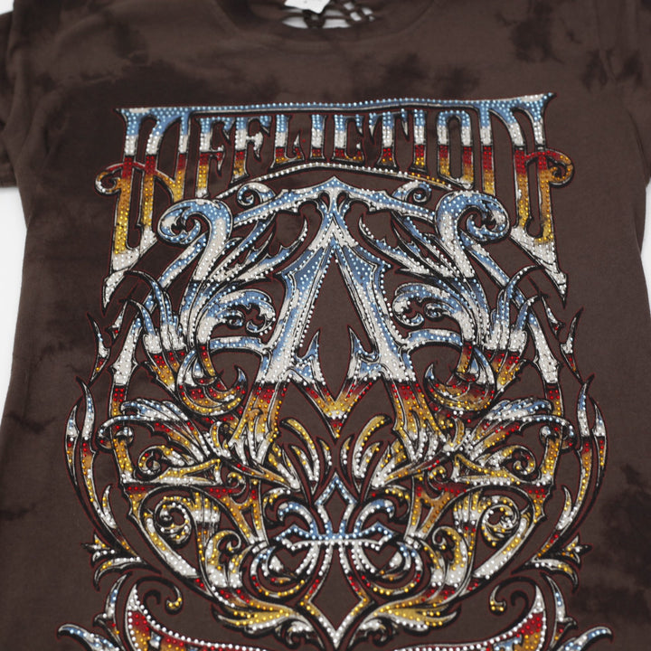 Y2K Ladies Affliction Distressed Graphic Tee Brown Lava Wash Braided Spine Back