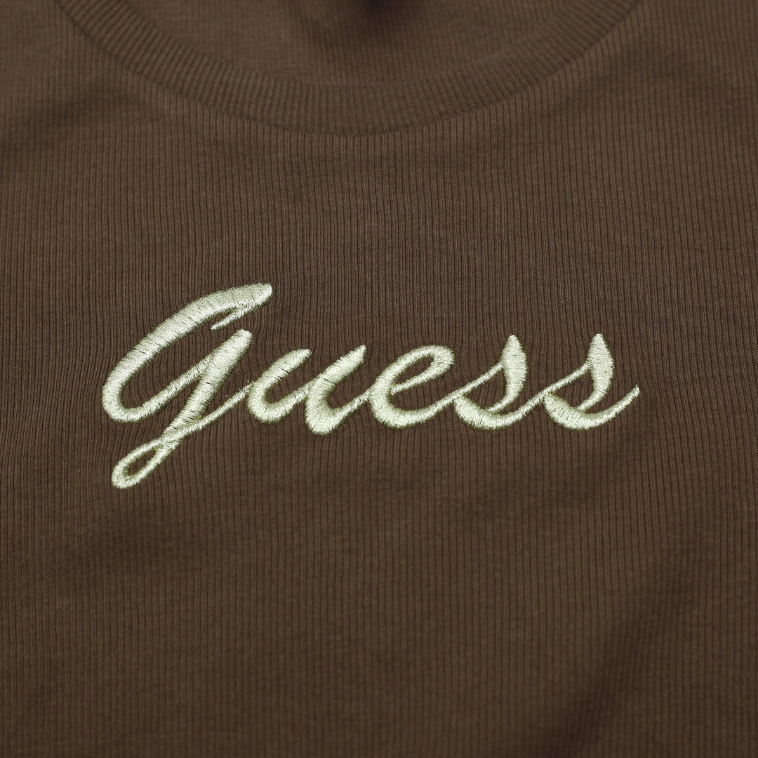 Y2K Ladies Guess Los Angeles Brown Ribbed Knit Short Sleeve Baby Tee Top Size S