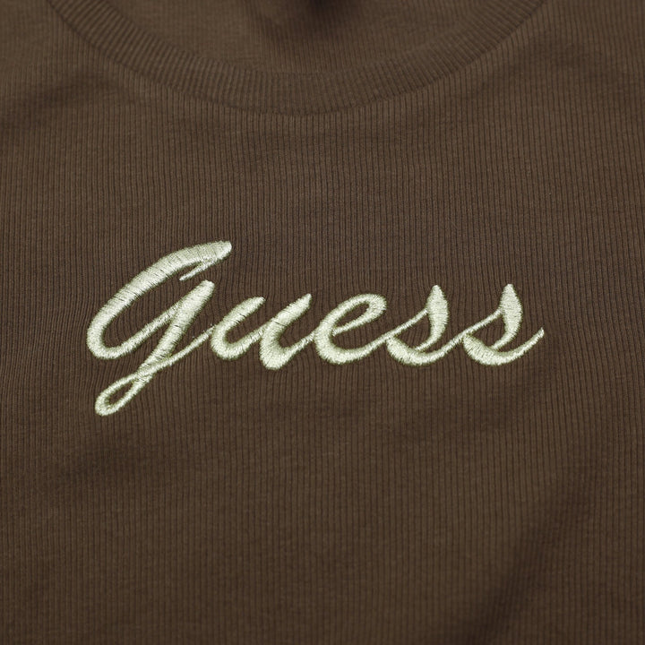 Y2K Ladies Guess Los Angeles Brown Ribbed Knit Short Sleeve Baby Tee Top Size S