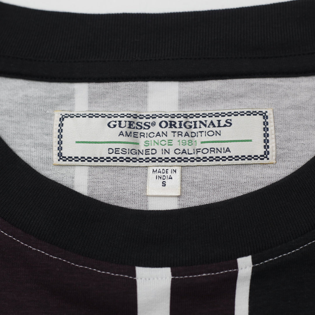 Mens Guess Vertical Striped Triangle Logo T-Shirt Size S