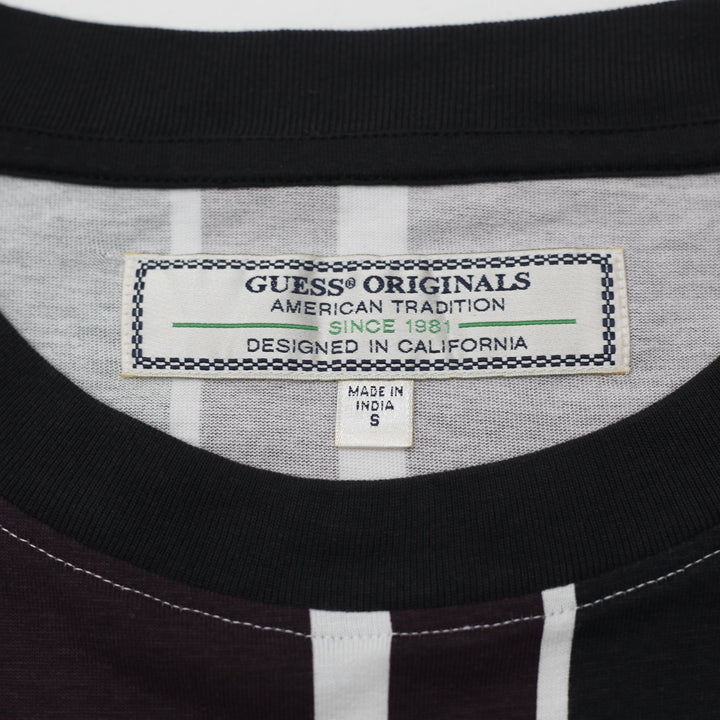 Mens Guess Vertical Striped Triangle Logo T-Shirt Size S