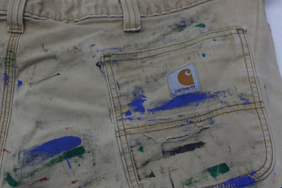 Rework Carhartt Relaxed Fit Brown Paint Splatter Work Mens Pants - PR303