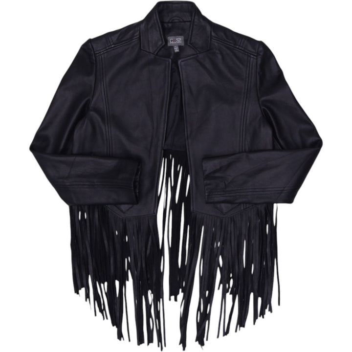 Vintage Ladies CUSP By Neiman Marcus Fringe Jacket Black Crop Leather
