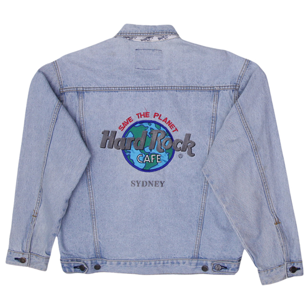90s style Vintage authentic Hard Rock Café Sydney denim jacket featuring iconic back logo