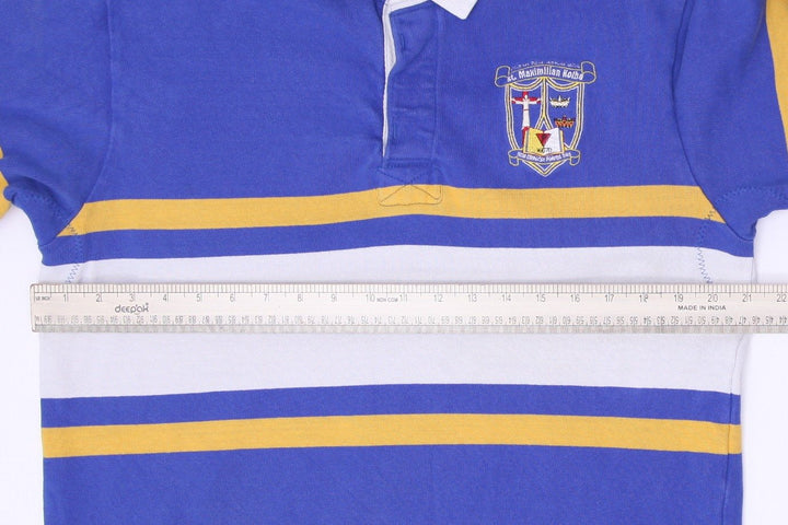 Vintage Mens Barbarian Rugby T-Shirt Blue Striped St. Maximilian Logo Size M