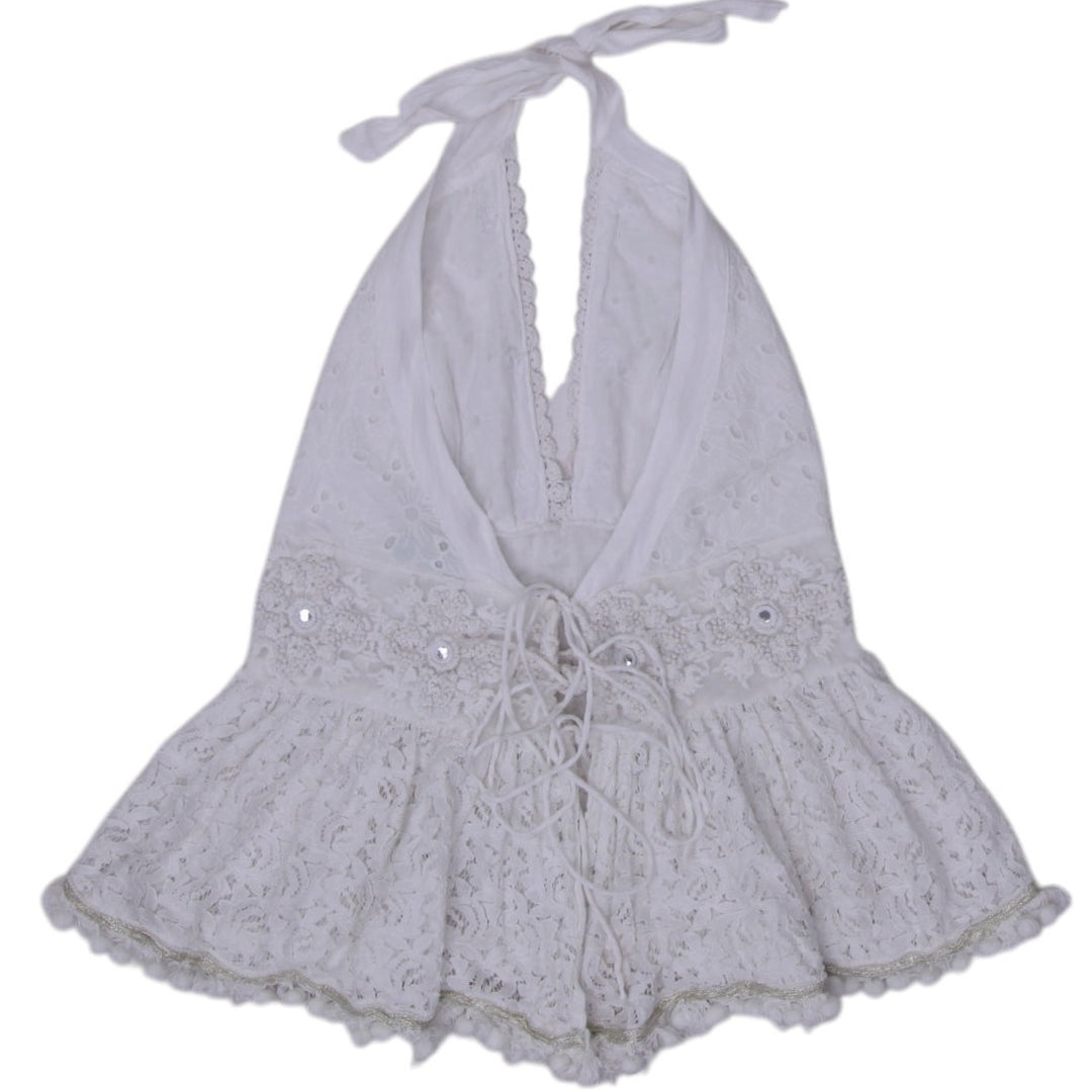 Y2K White Floral Lace Halter Top - Size M | Migration_Y2K Tops - Side View | Fashion Rerun