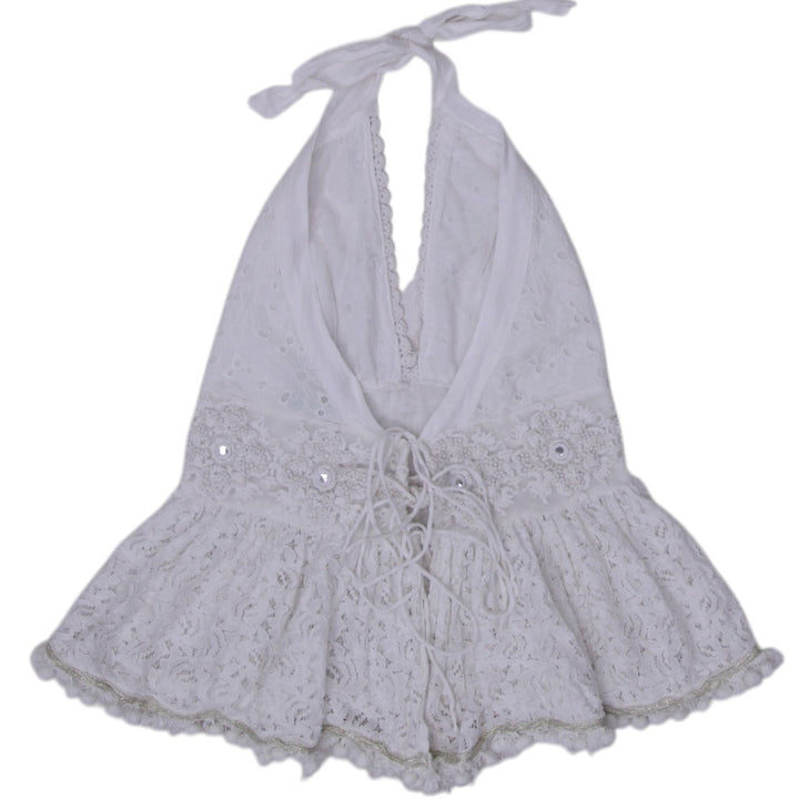 Y2K White Floral Lace Halter Top - Size M | Migration_Y2K Tops - Side View | Fashion Rerun