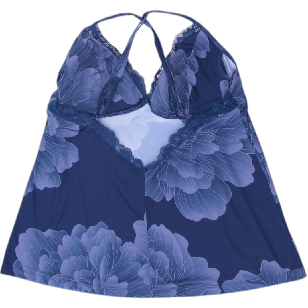 Y2K La Vie En Rose Blue Floral Cami Tank Top Large Lace Trim Strappy Cross Back