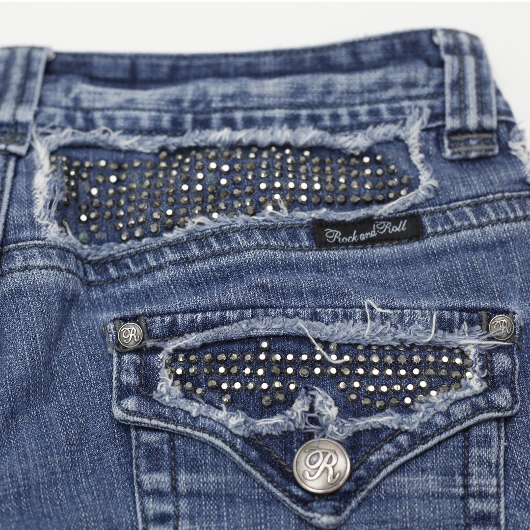 Y2K Ladies Rock and Roll Cowgirl Flare Jeans Blue Low Rise Size 29X34