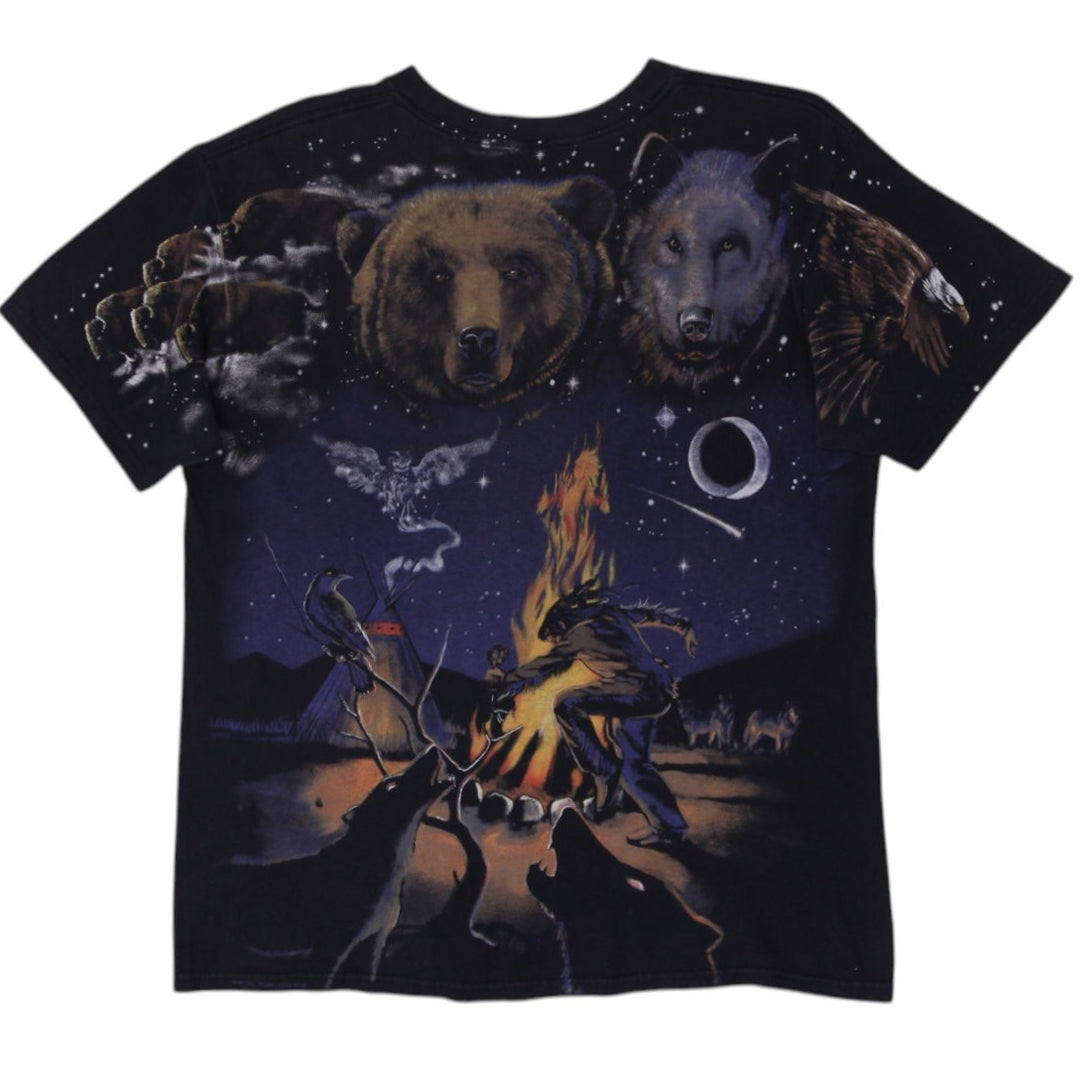 Vintage LIQUID BLUE Indian Bear Wolf Campfire All Over Print T Shirt 90s
