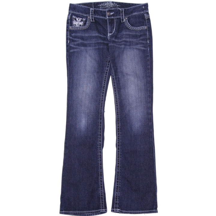 Y2K Ladies Maurices Premium Bootcut Jeans Dark Wash Fleur De Lis Pocket Embroidered Stretch 9/10 Long