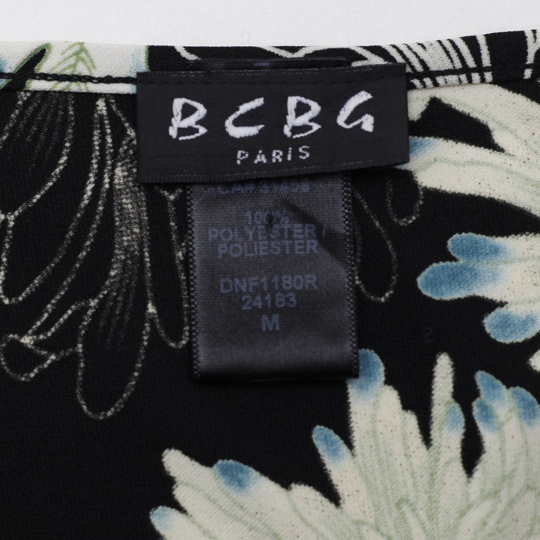 Y2K Ladies BCBG Paris Black Floral Chrysanthemum Cap Sleeve V-Neck Top Size M
