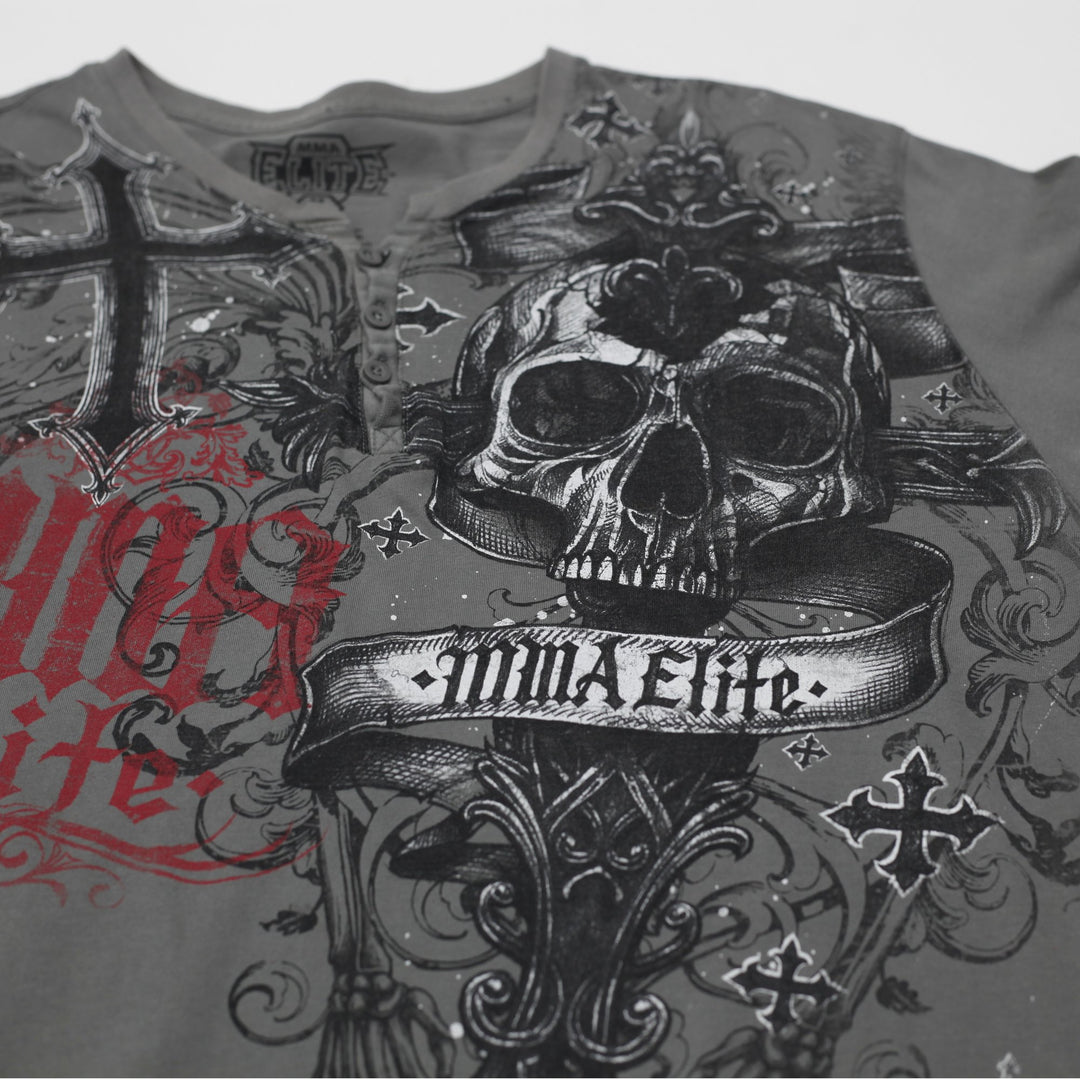 Y2K Mens MMA Elite Graphic T-Shirt Gray Skull Cross Design Size M