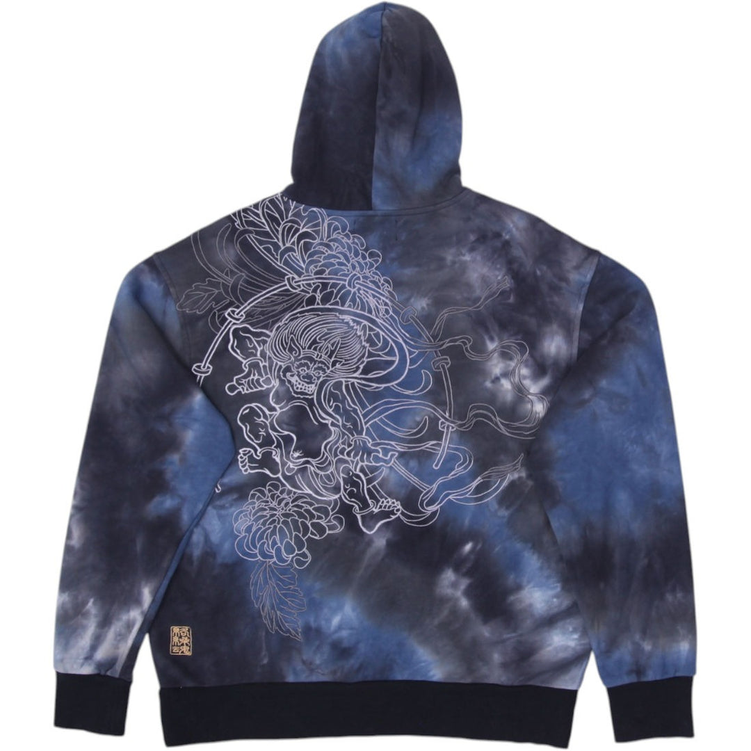 Y2K Mens Karakuri Tamashii Hoodie Tie-Dye Blue Full Zip Graphic Embroidered XL