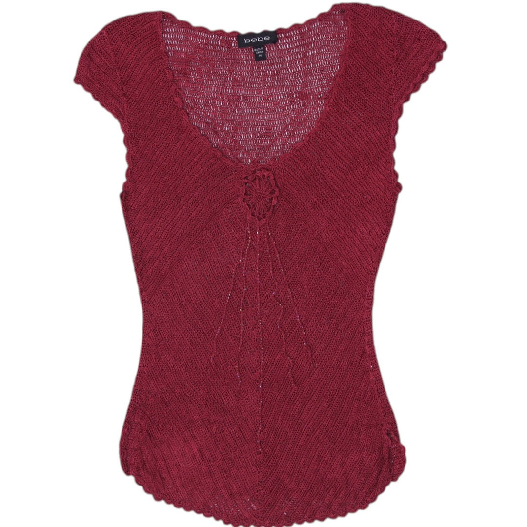 Y2K Ladies Y2K Bebe Crochet Knit Cap Sleeve Top Floral Rosette Burgundy Size M