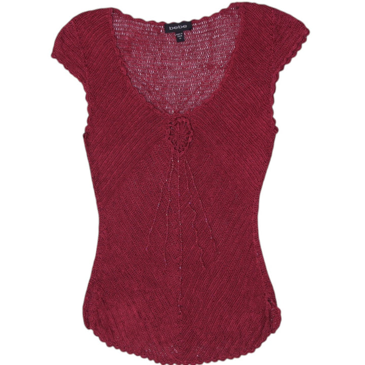 Y2K Ladies Y2K Bebe Crochet Knit Cap Sleeve Top Floral Rosette Burgundy Size M