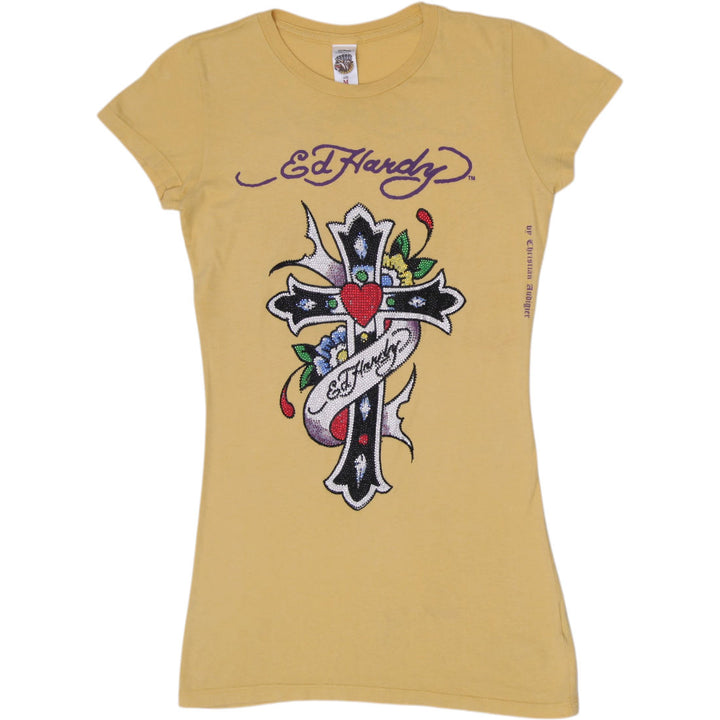 Y2K Ladies Ed Hardy Sacred Heart Cross T-Shirt Size M