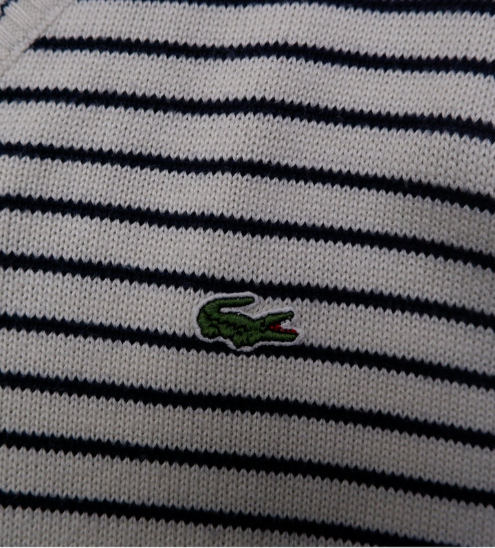 Vintage Mens Lacoste Sweater Navy Striped V-Neck Knit