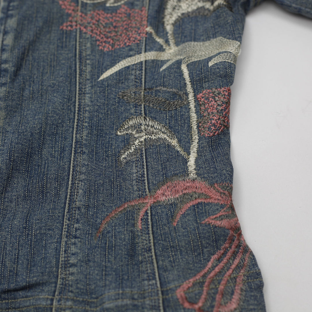 Y2K Ladies Acqua Nueva Embroidered Butterfly Denim Jacket Size L