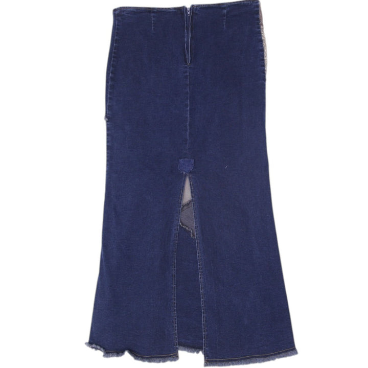 Y2K Ladies Denim Navy Blue Frayed Hem Back Slit Long Skirt