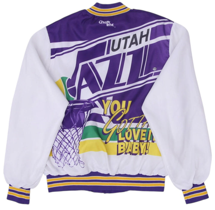 Vintage 90s Chalk Line Utah Jazz Satin Jacket Made in USA Size L | Migration_Jackets - Side View | Fashion Rerun