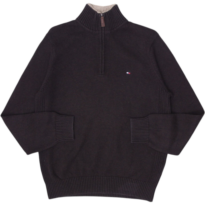 Mens Tommy Hilfiger Sweater Dark Brown 1/4 Zip Logo Knitwear