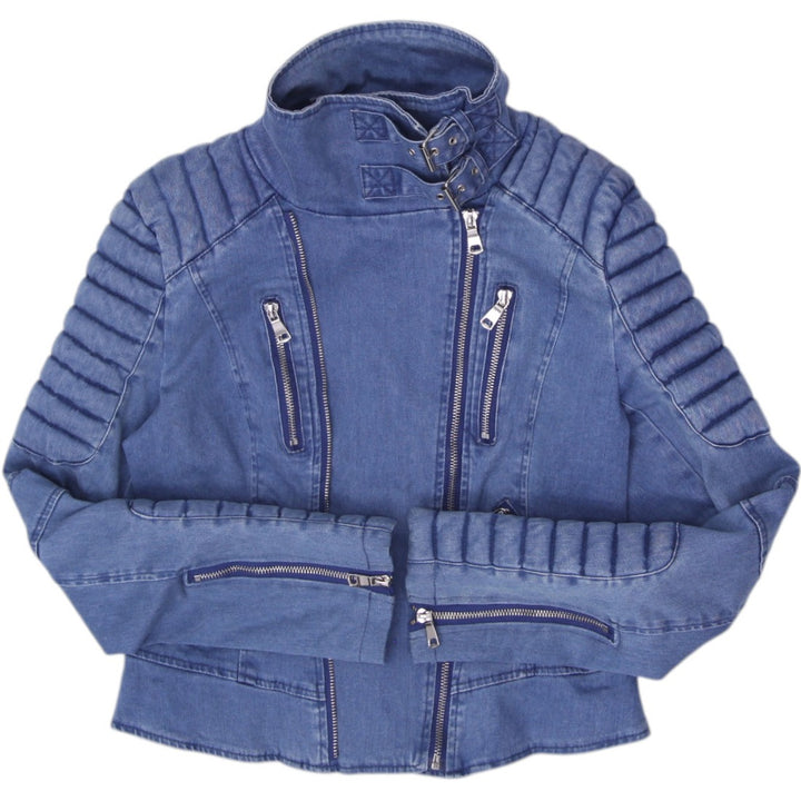 Y2K Ladies Ivory & Chain Denim Quilted Shoulder Jacket Blue Size 10
