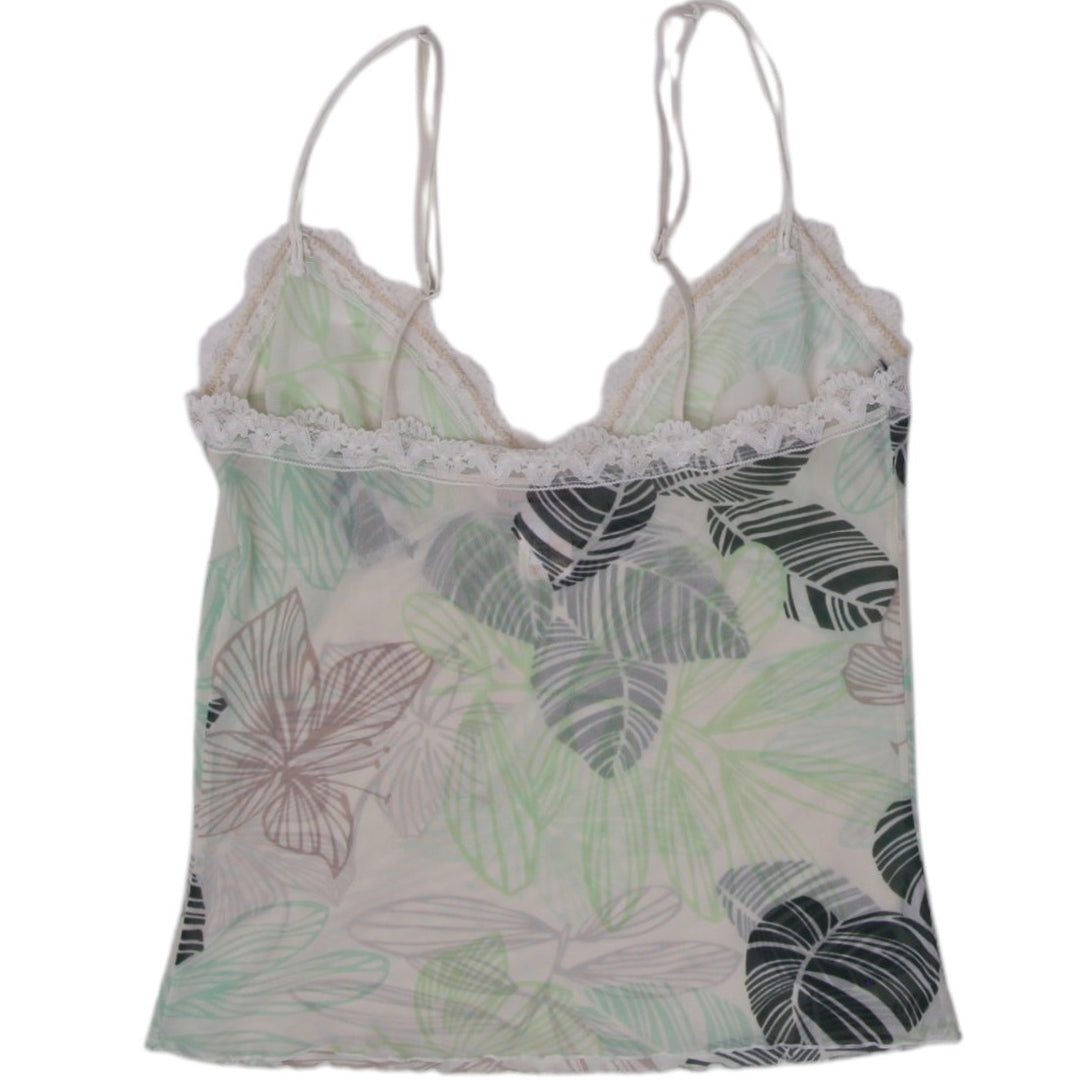 Y2K Ladies Camisole Green Leaf Lace Trim Spaghetti Strap Top Size S/P | Migration_Tops - Side View | Fashion Rerun