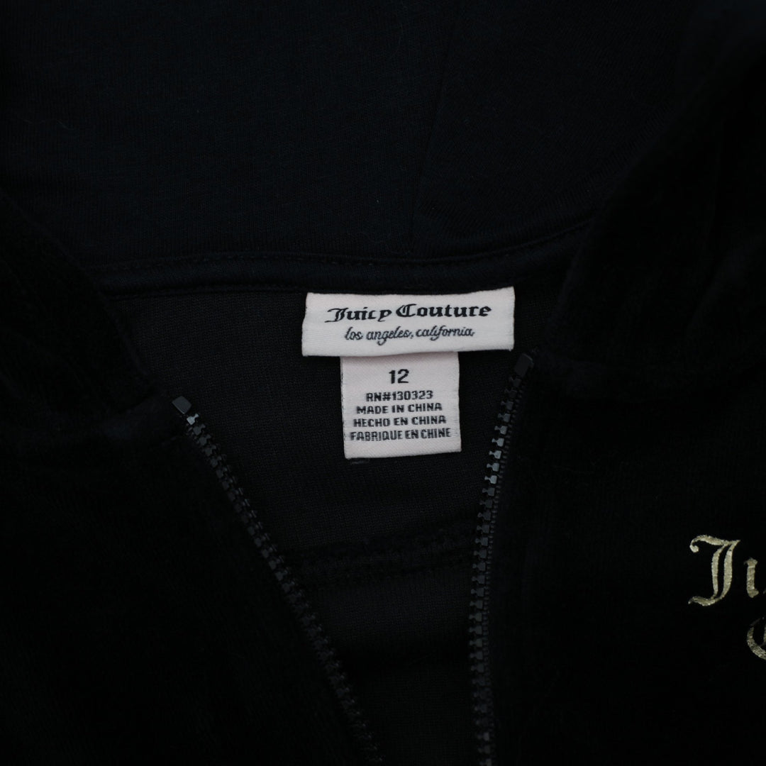 Y2K Youth Girls Juicy Couture Black Velour Full Zip Hoodie Size 12