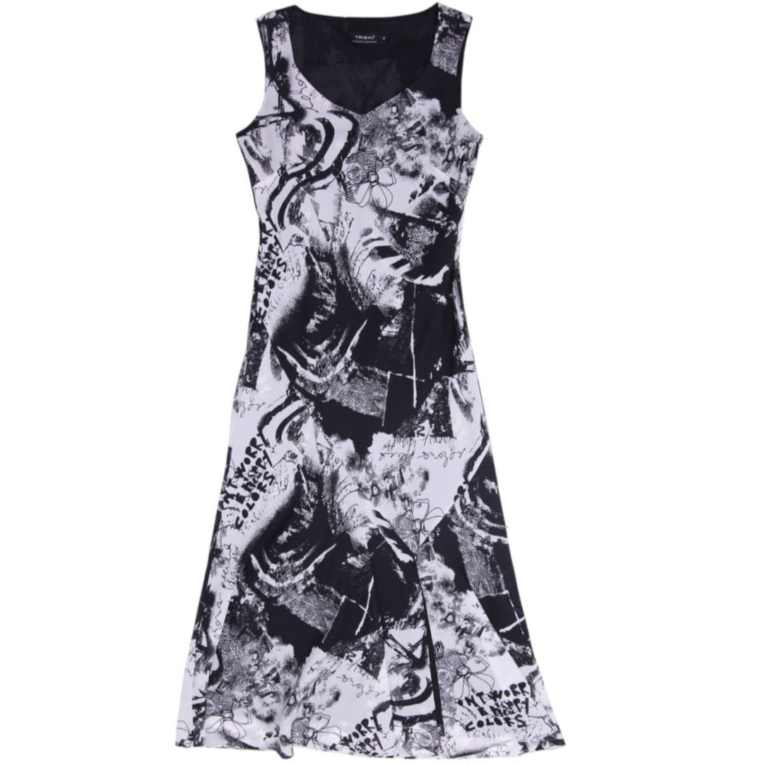 Y2K Ladies Tribal Graffiti Print Sleeveless Long Dress Size S