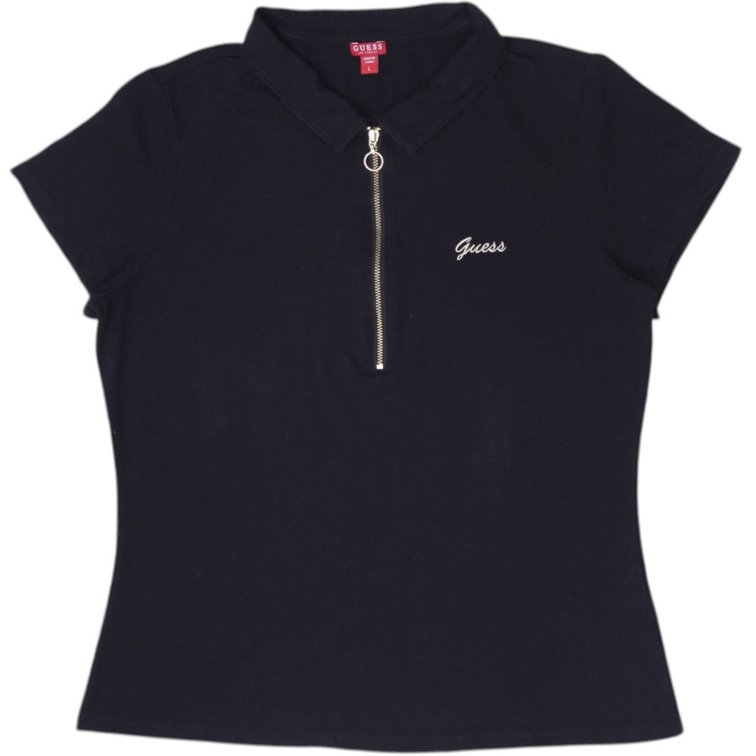 Y2K Ladies Guess Black Quarter-Zip Ring Pull Embroidered Polo T-Shirt Size L