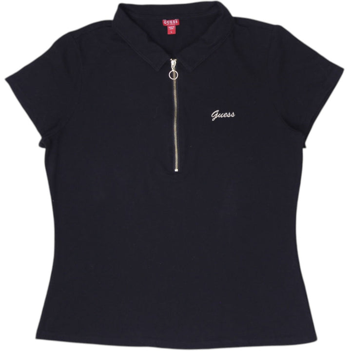 Y2K Ladies Guess Black Quarter-Zip Ring Pull Embroidered Polo T-Shirt Size L